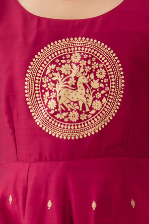 Mandala Printed Placement With Peacock Printed Border Anarkali Magenta
