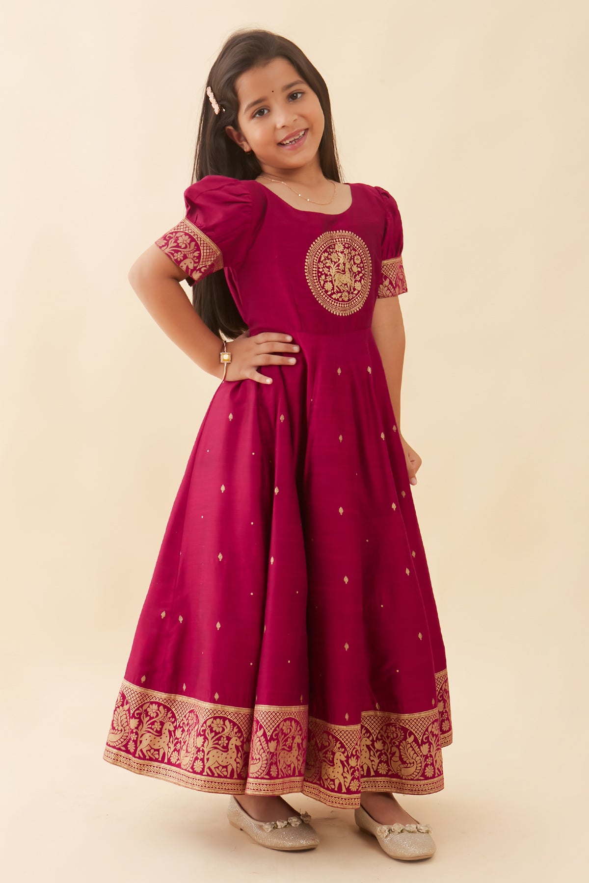 Mandala Printed Placement With Peacock Printed Border Anarkali Magenta
