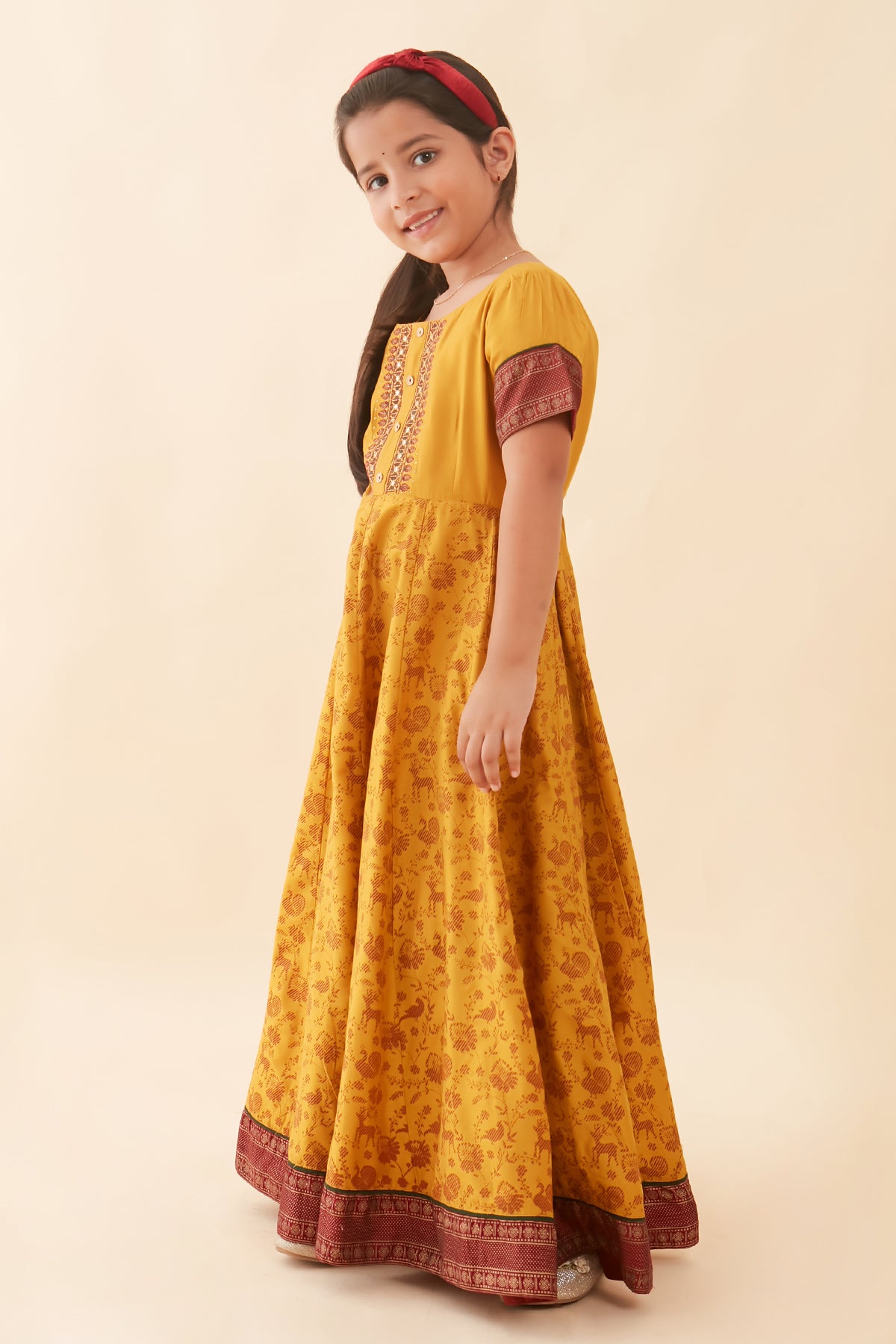 Vanasingaram Inspired Printed Embroidered Yoke Kids Anarkali Mustard
