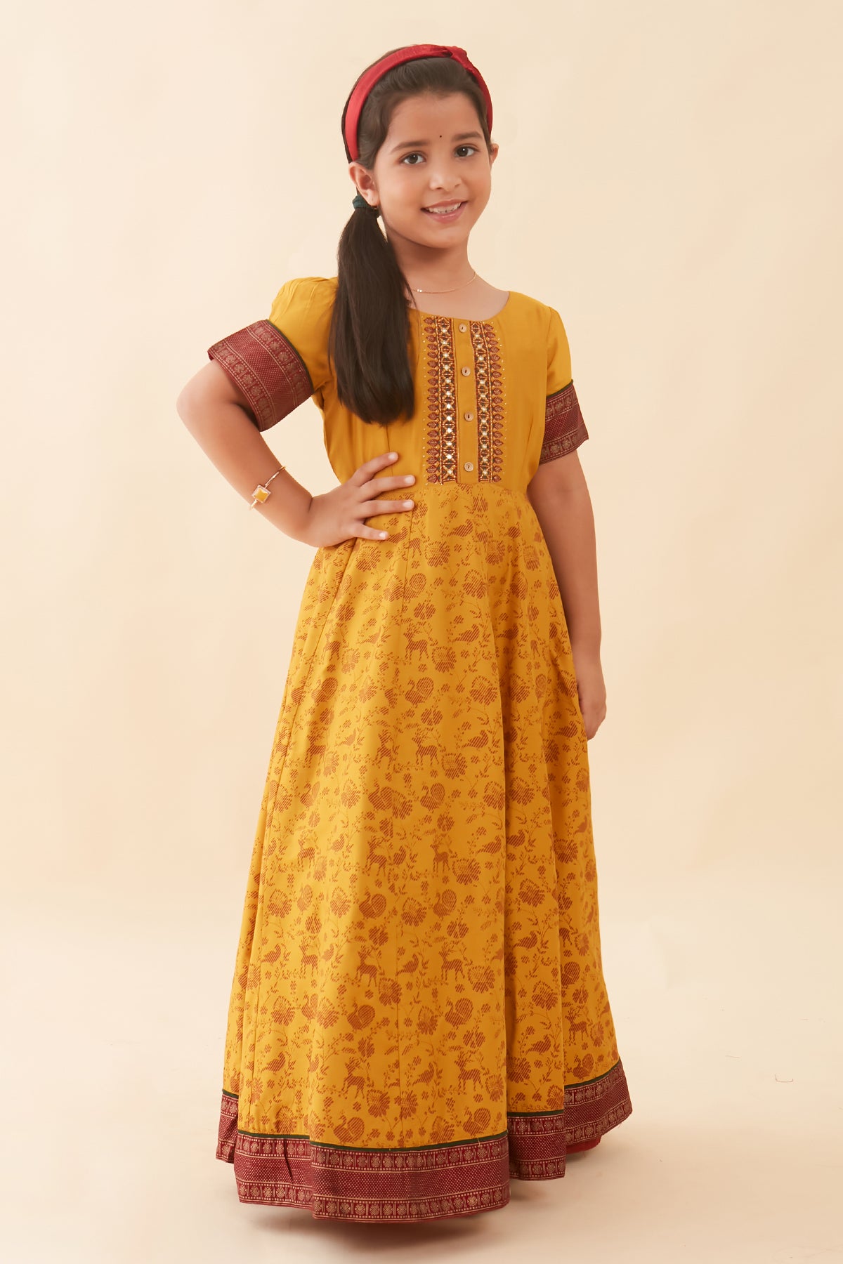 Vanasingaram Inspired Printed Embroidered Yoke Kids Anarkali Mustard
