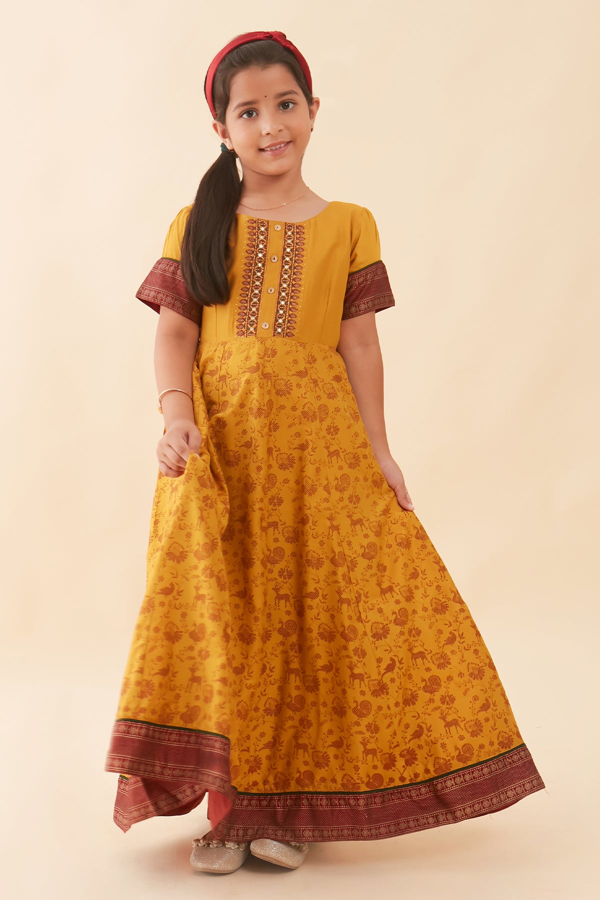 Vanasingaram Inspired Printed Embroidered Yoke Kids Anarkali Mustard
