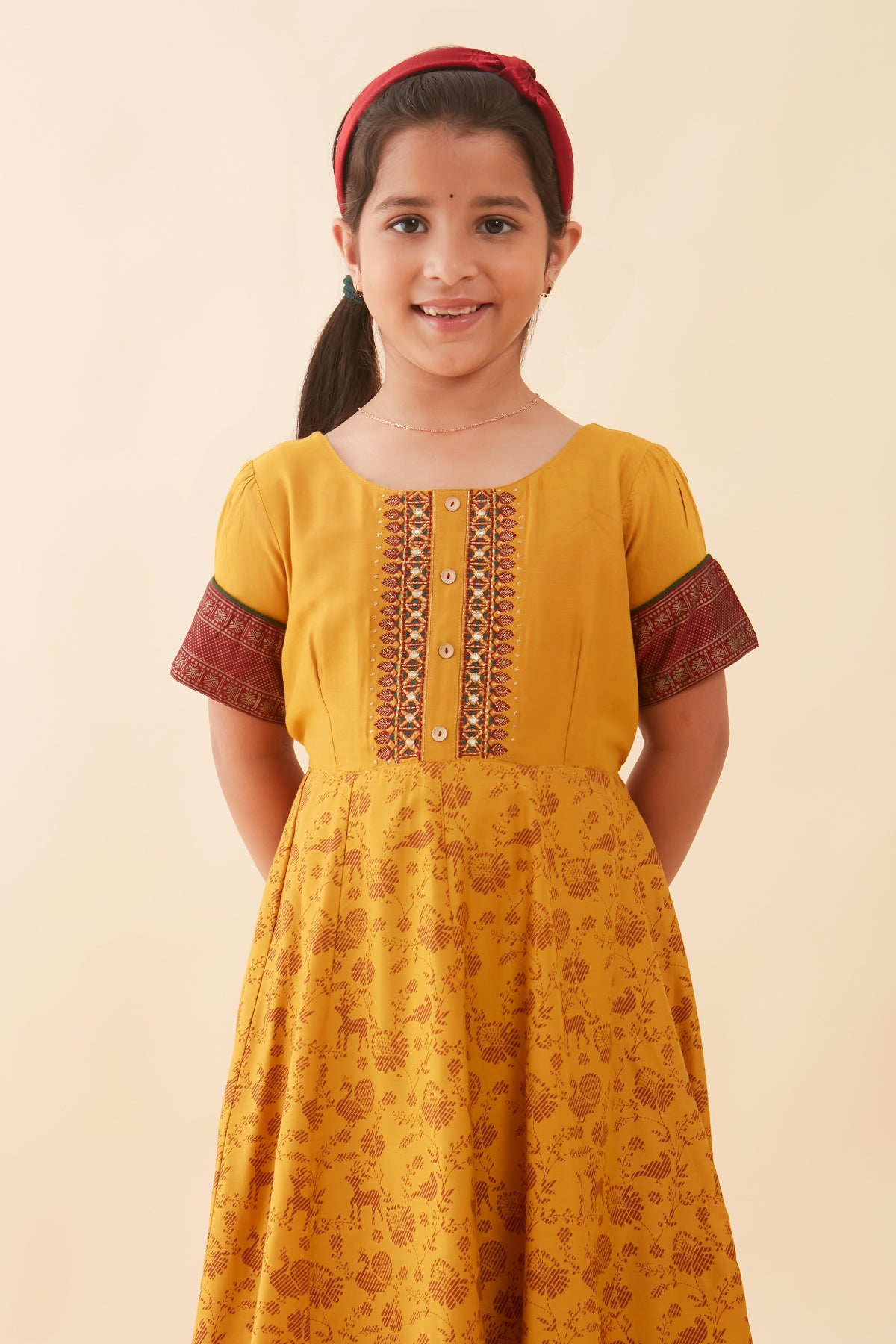 Vanasingaram Inspired Printed Embroidered Yoke Kids Anarkali Mustard
