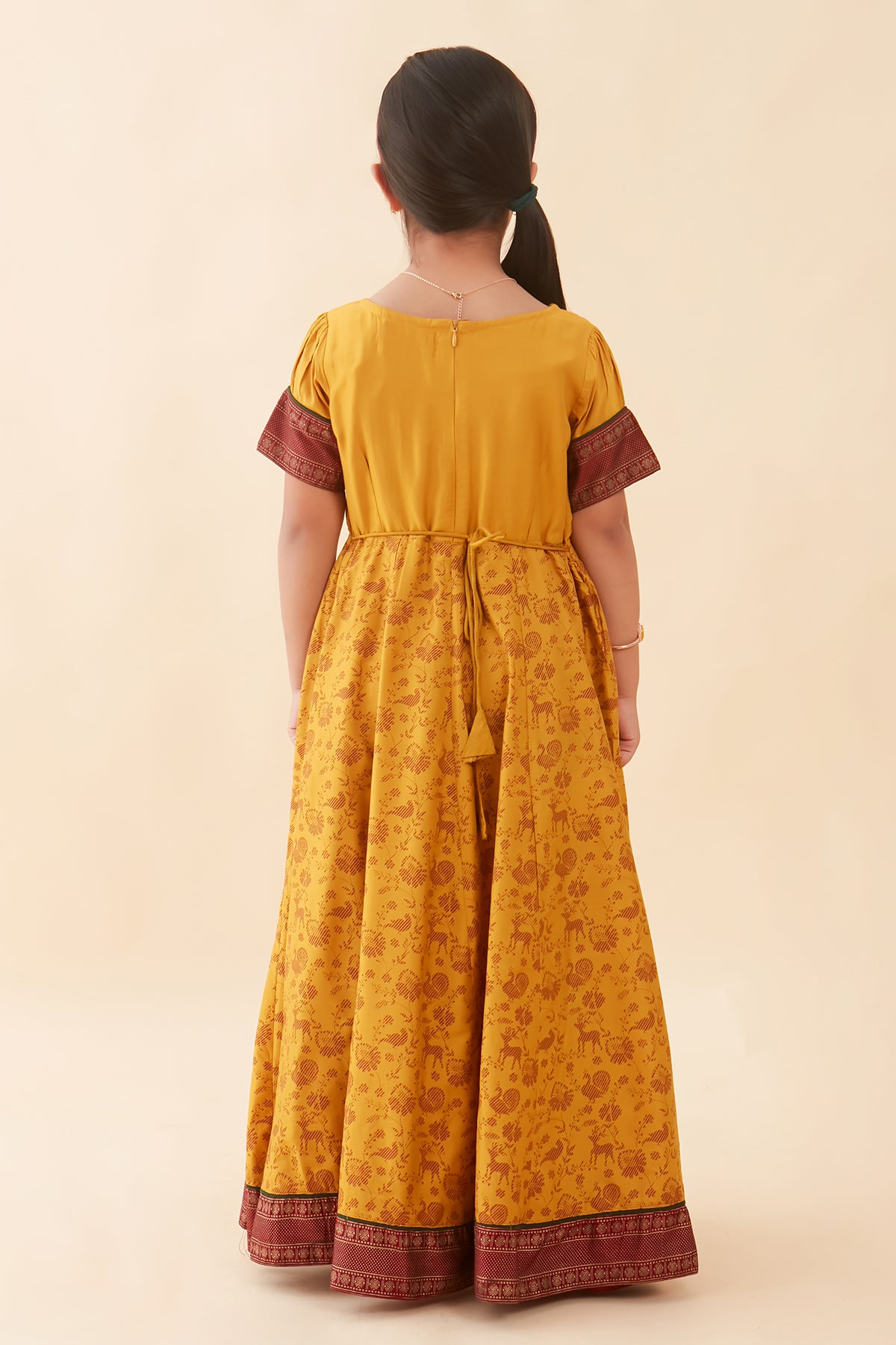 Vanasingaram Inspired Printed Embroidered Yoke Kids Anarkali Mustard
