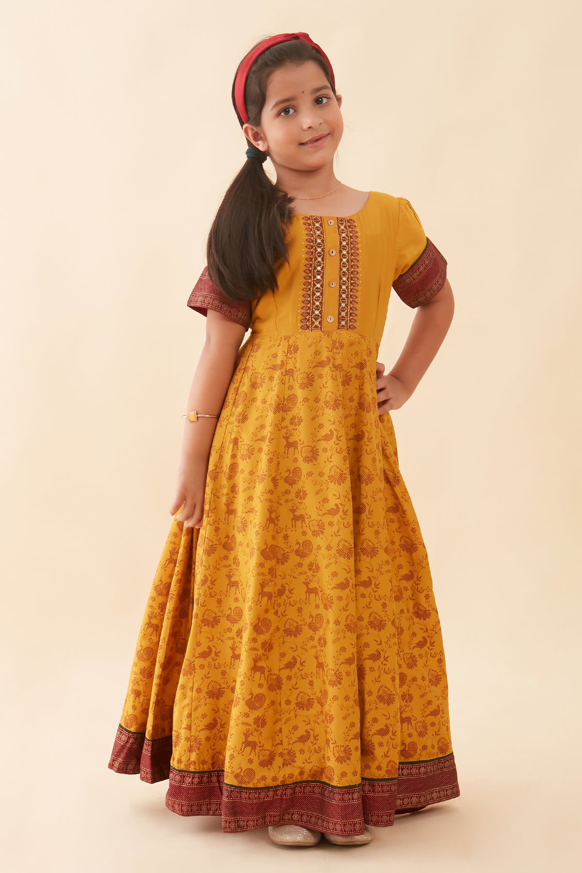 Vanasingaram Inspired Printed Embroidered Yoke Kids Anarkali Mustard