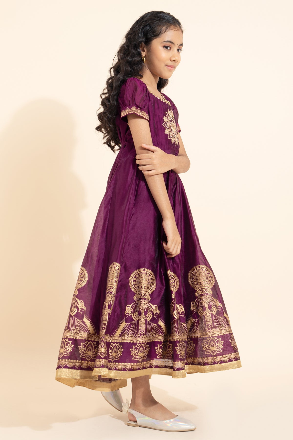 Kathakali Printed Embroidered Kids Anarkali - Burgundy