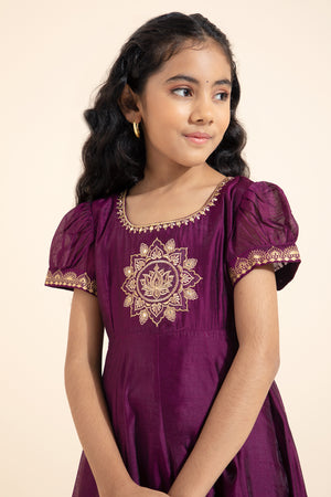 Kathakali Printed Embroidered Kids Anarkali - Burgundy