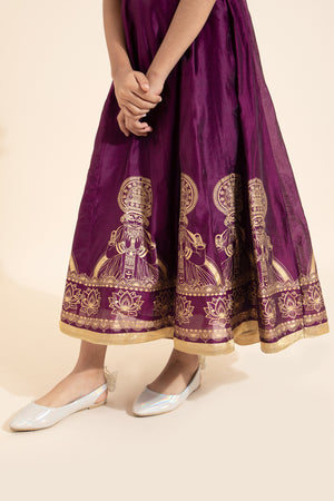 Kathakali Printed Embroidered Kids Anarkali - Burgundy