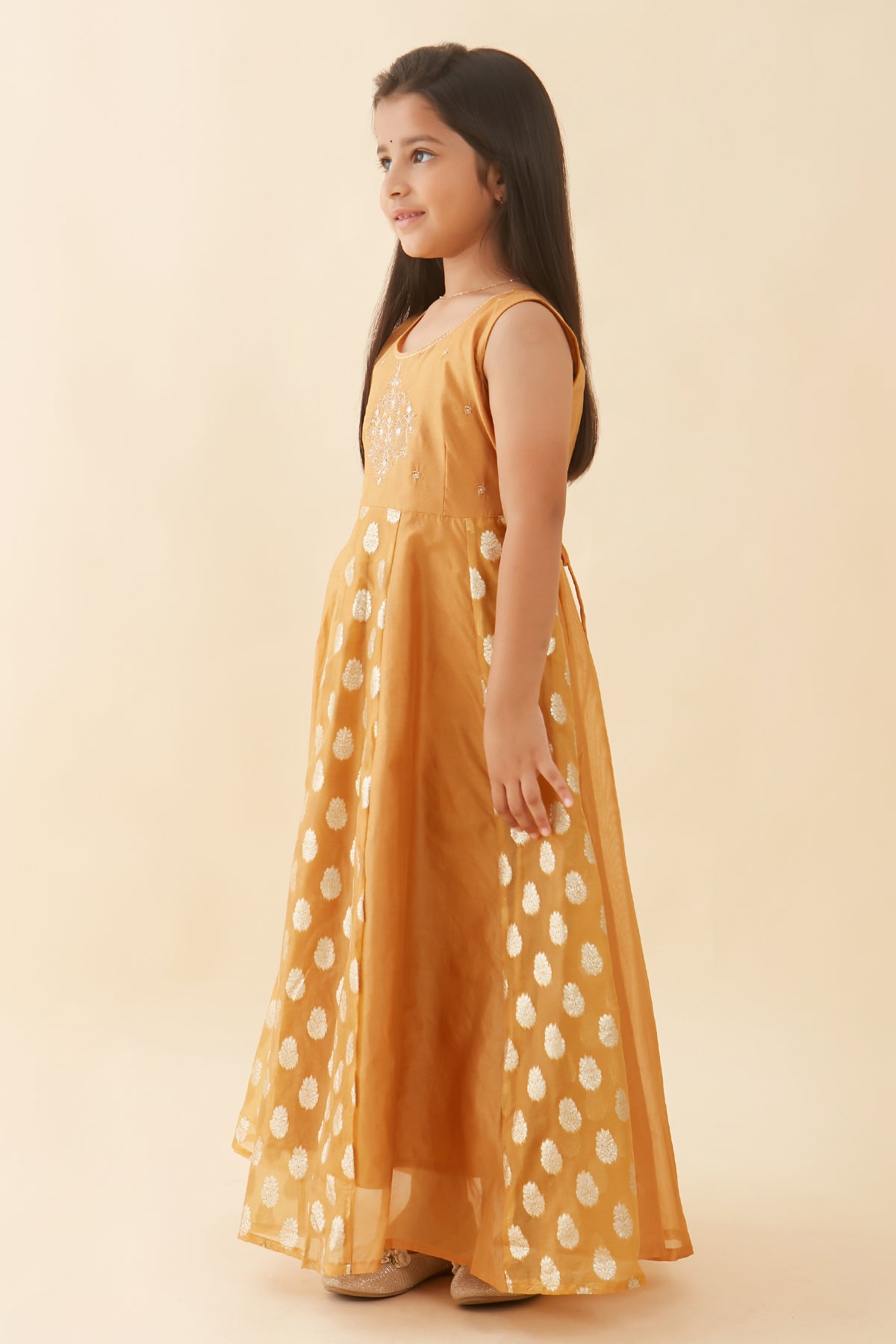 Floral Embroidered With Brocade Panel Anarkali Mustard
