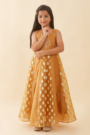 Floral Embroidered With Brocade Panel Anarkali Mustard
