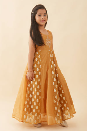 Floral Embroidered With Brocade Panel Anarkali Mustard
