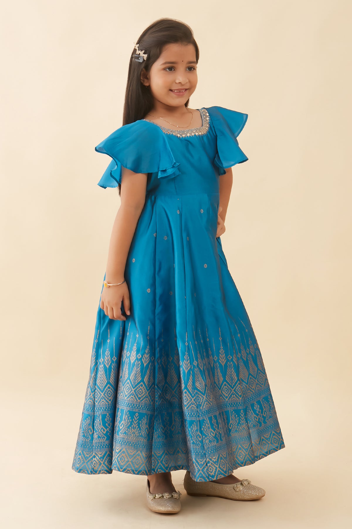 Jewel Inspired Embroidered Neckline With Geometric Printed Anarkali Blue
