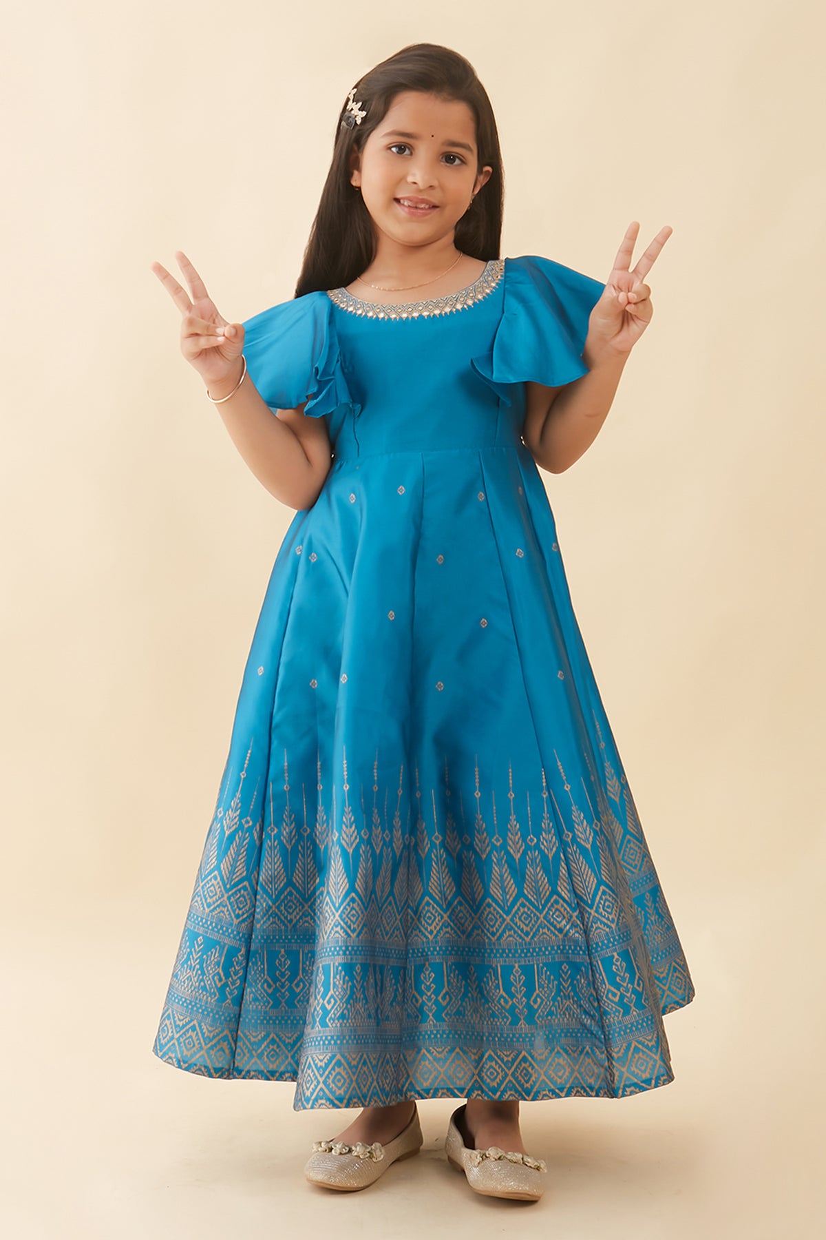 Jewel Inspired Embroidered Neckline With Geometric Printed Anarkali Blue
