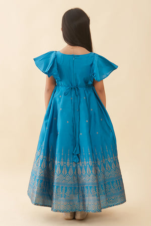 Jewel Inspired Embroidered Neckline With Geometric Printed Anarkali Blue
