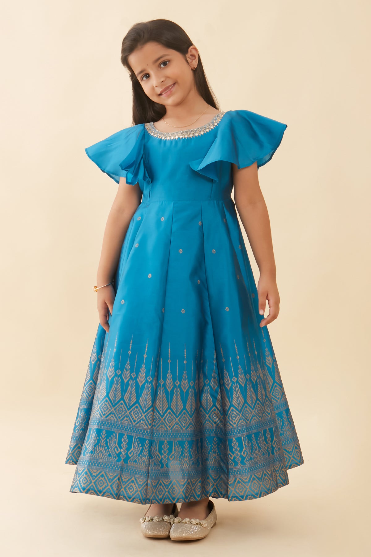 Jewel Inspired Embroidered Neckline With Geometric Printed Anarkali Blue