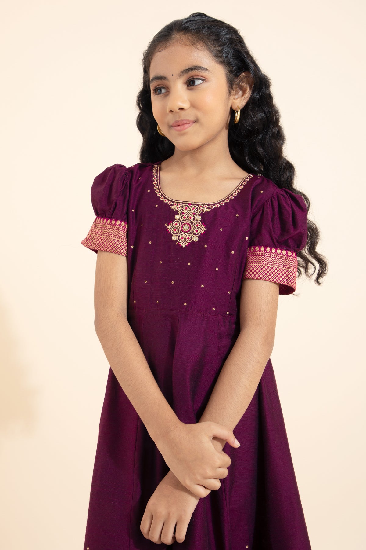 Vaalkannadi Printed Kids Anarkali - Burgundy
