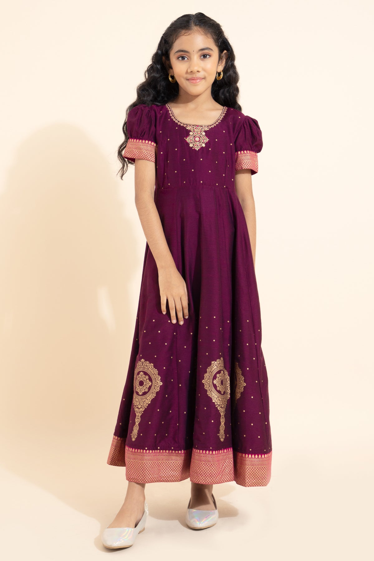 Vaalkannadi Printed Kids Anarkali - Burgundy