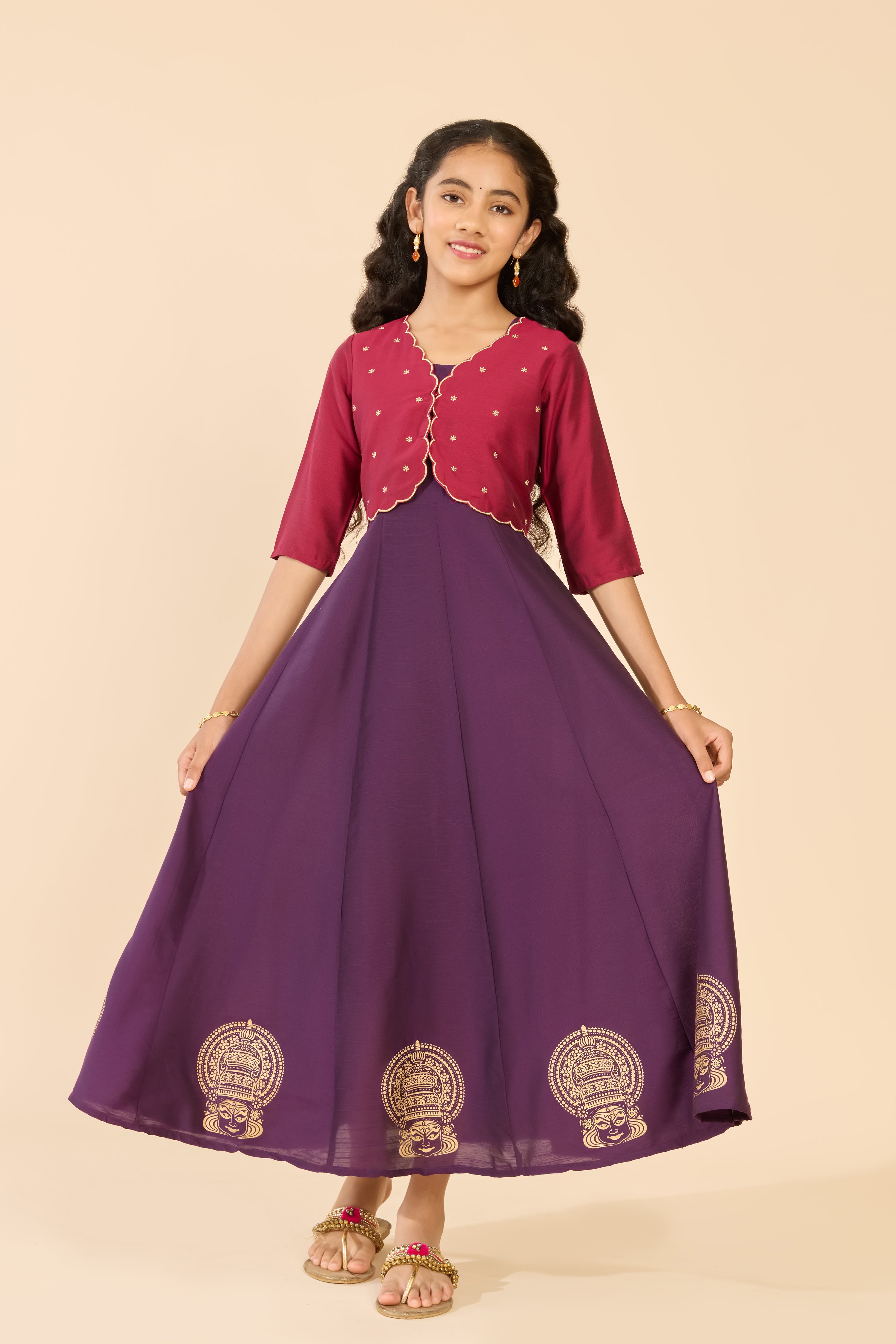 Purple Floral Embroidered Tiered A-Line Kids Anarkali