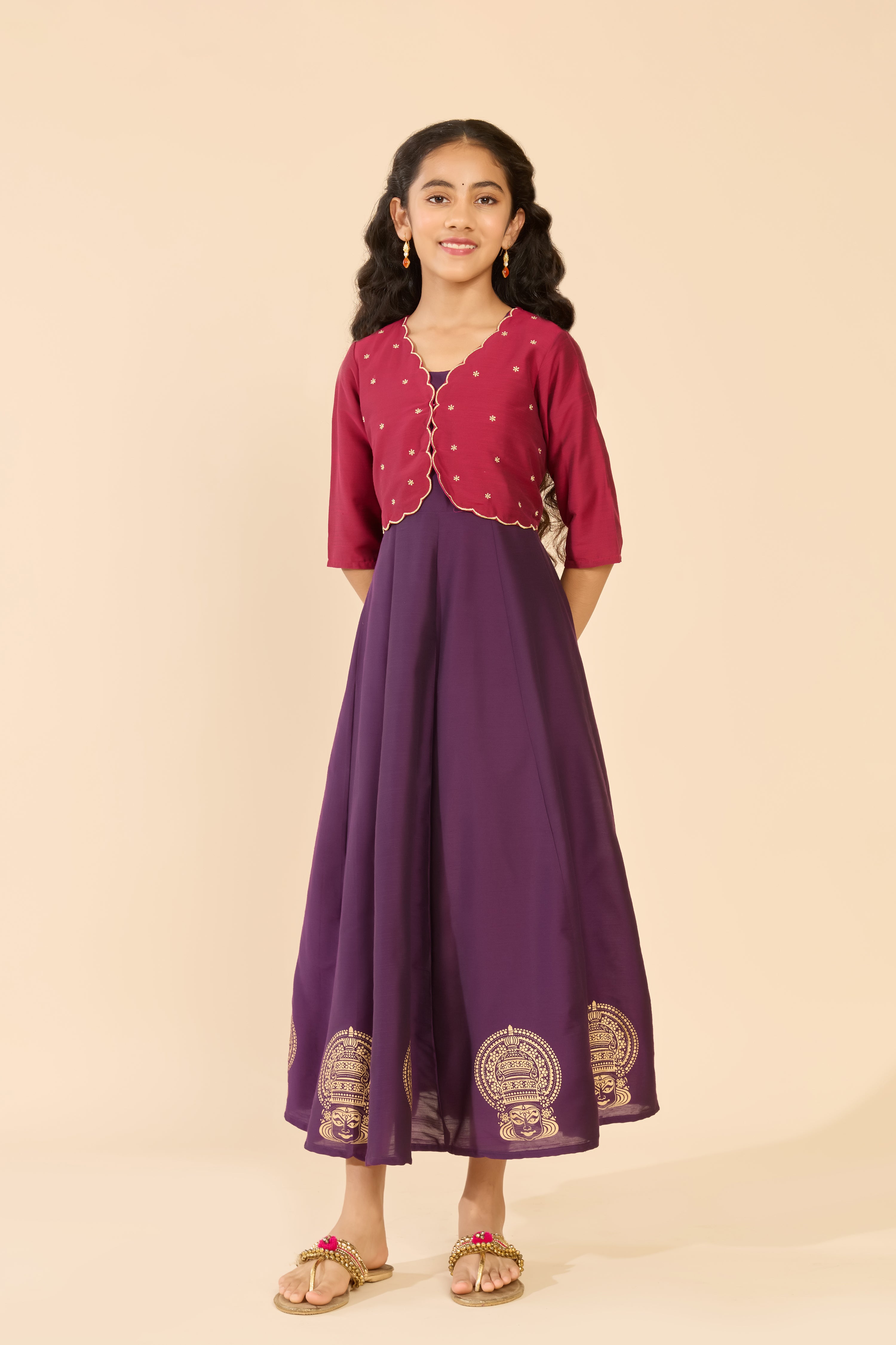 Purple Floral Embroidered Tiered A-Line Kids Anarkali