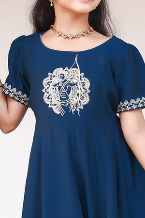 Ram Motif Embroidered With Mandala Printed Kids Anarkali Blue
