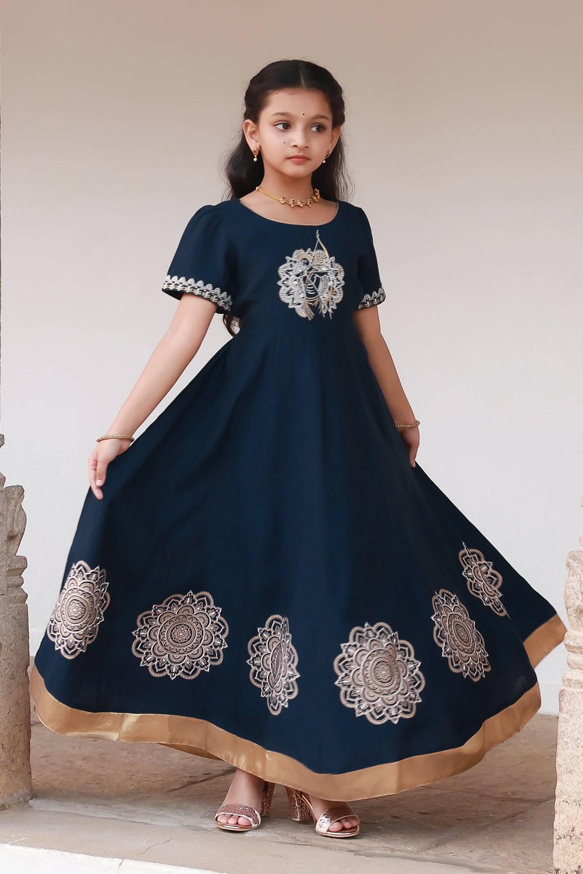 Ram Motif Embroidered With Mandala Printed Kids Anarkali Blue
