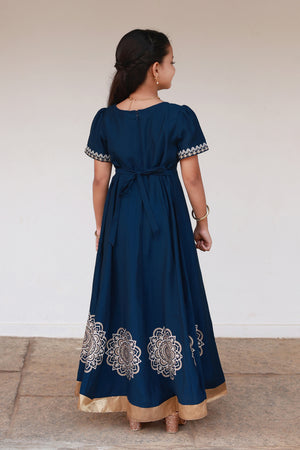 Ram Motif Embroidered With Mandala Printed Kids Anarkali Blue
