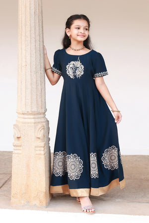 Ram Motif Embroidered With Mandala Printed Kids Anarkali Blue