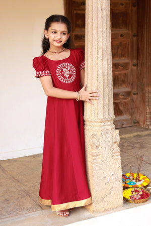 Hanuman Motif Embroidered With Foil Mirror Embellished Kids Anarkali Red