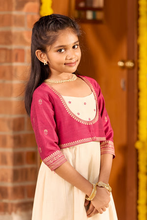 Mural Printed Kids Anarkali in Deep Pink & Off-White – Festive Onam Wear