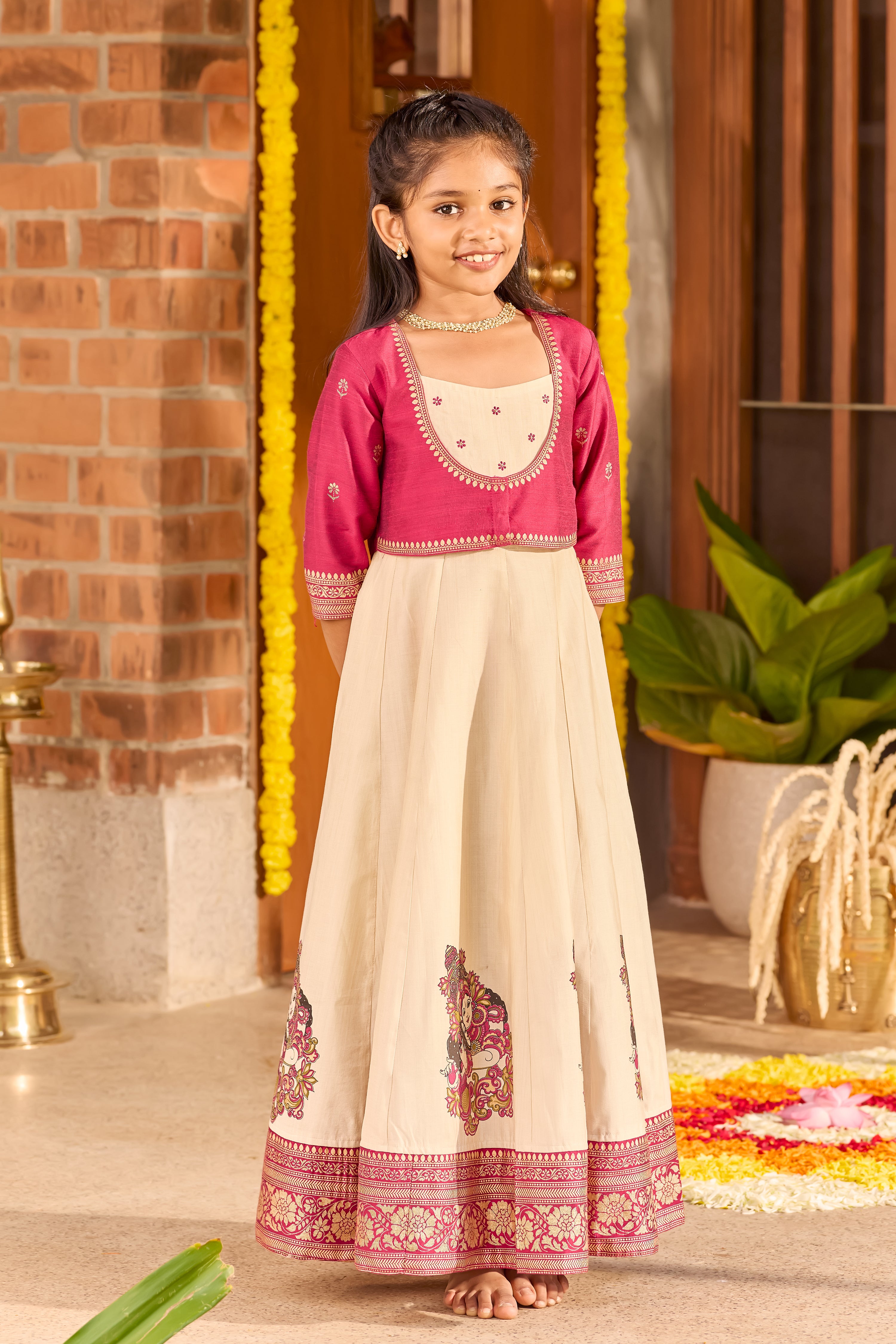 Mural Printed Kids Anarkali in Deep Pink & Off-White – Festive Onam Wear