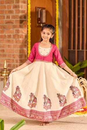 Mural Printed Kids Anarkali in Deep Pink & Off-White – Festive Onam Wear
