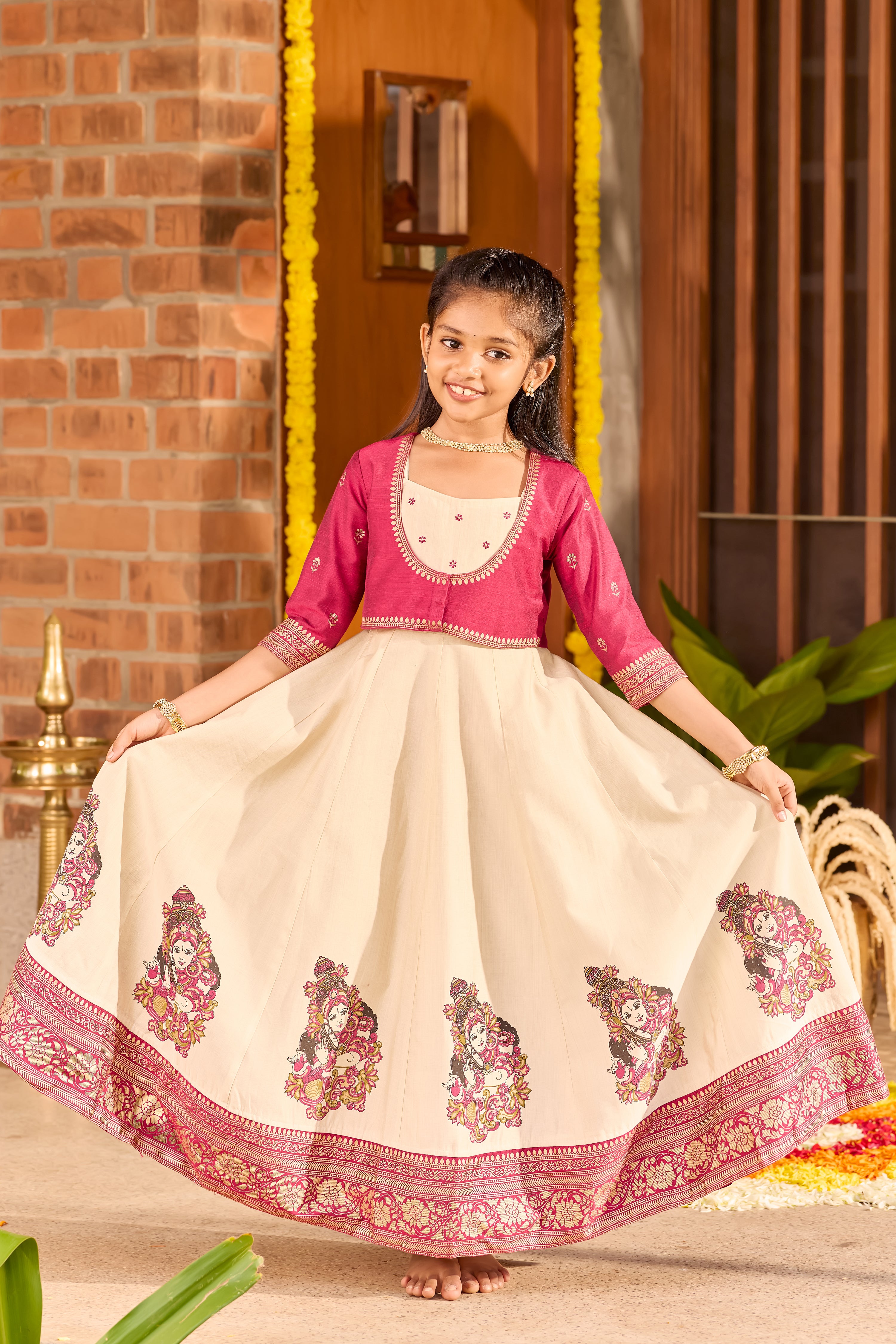 Mural Printed Kids Anarkali in Deep Pink & Off-White – Festive Onam Wear