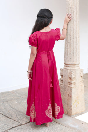 Jewel Inspired Neckline With Contemporary Peacock Motif Printed kids Anarkali Magenta
