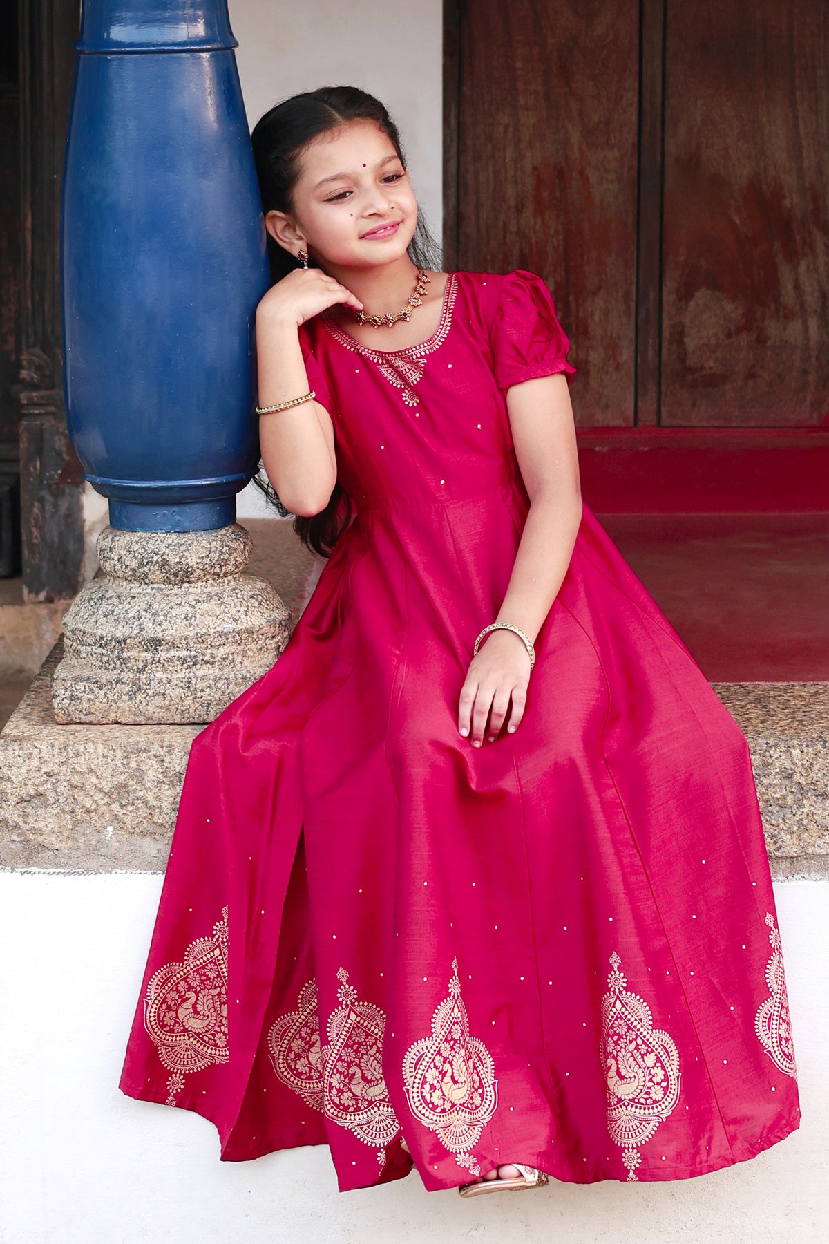 Jewel Inspired Neckline With Contemporary Peacock Motif Printed kids Anarkali Magenta