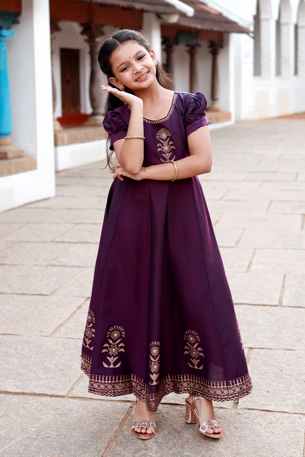 Jewel Inspired Neckline With Contemporary Peacock Motif Printed kids Anarkali Violet
