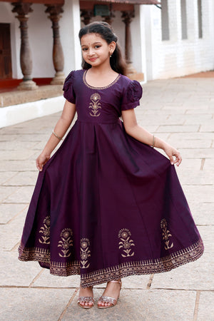 Jewel Inspired Neckline With Contemporary Peacock Motif Printed kids Anarkali Violet
