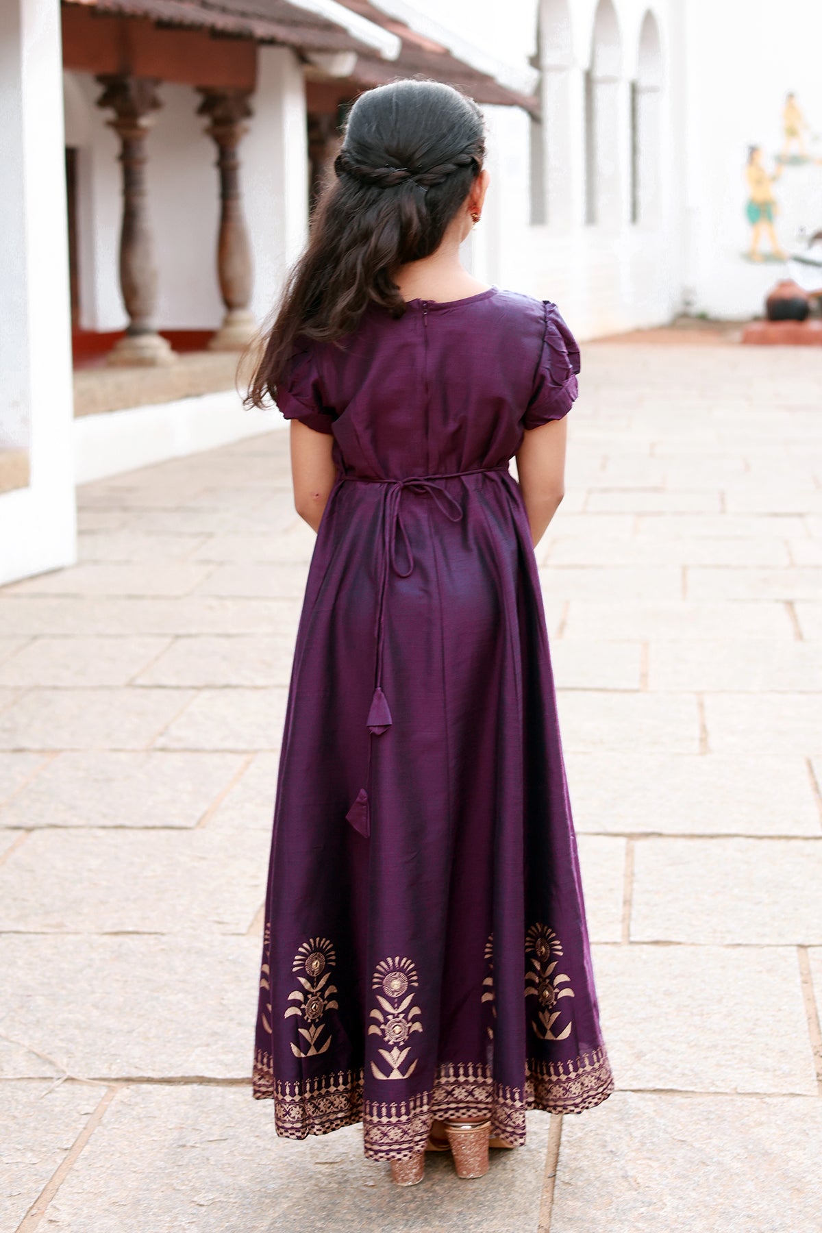 Jewel Inspired Neckline With Contemporary Peacock Motif Printed kids Anarkali Violet
