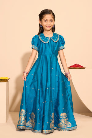 Peacock Printed Kids Anarkali - Blue
