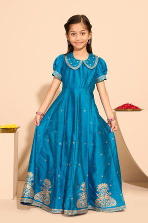 Peacock Printed Kids Anarkali - Blue
