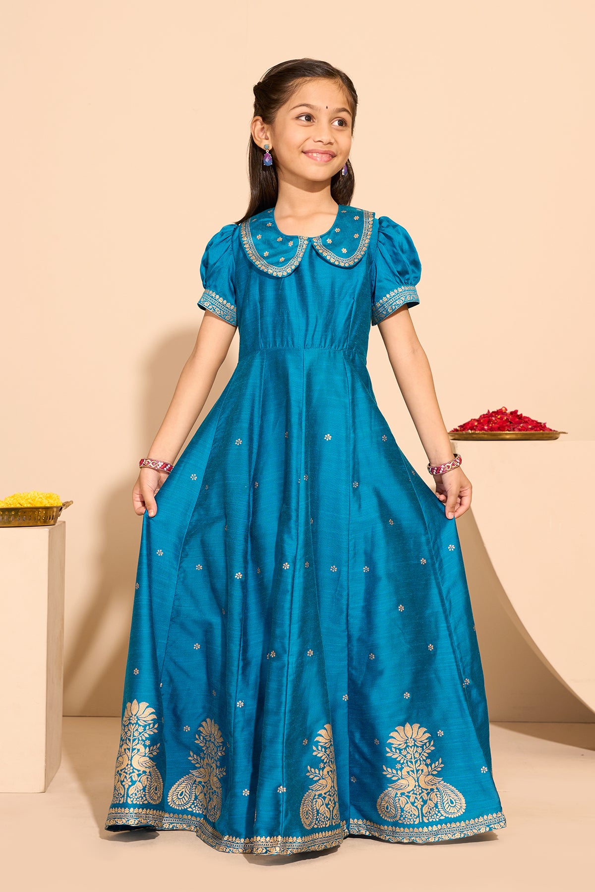 Peacock Printed Kids Anarkali - Blue
