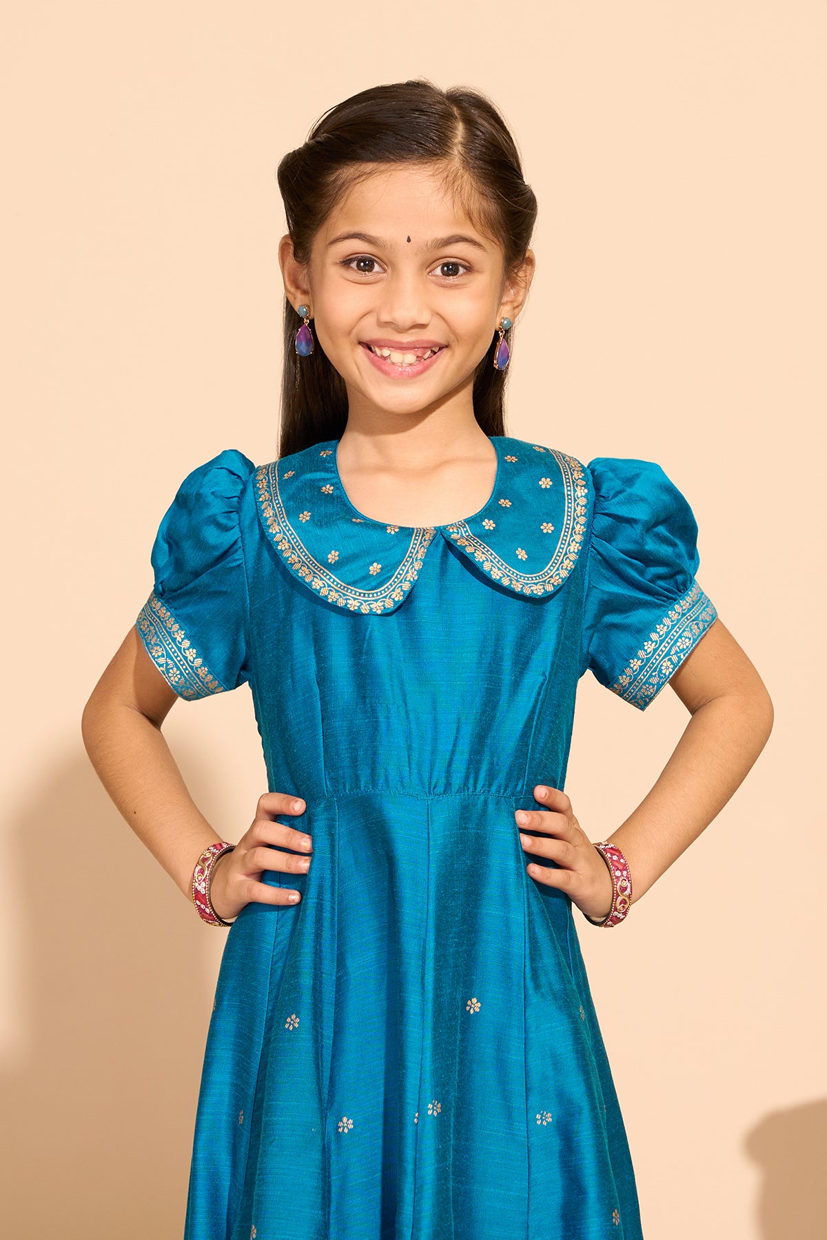 Peacock Printed Kids Anarkali - Blue
