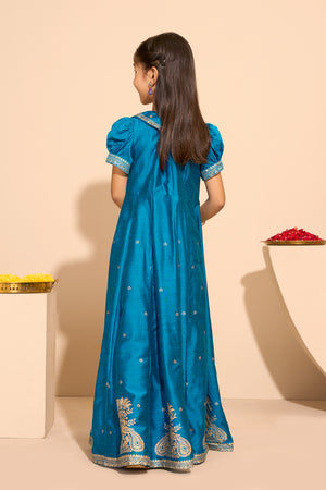 Peacock Printed Kids Anarkali - Blue
