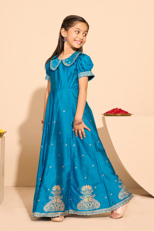 Peacock Printed Kids Anarkali - Blue