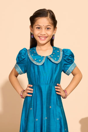 Peacock Printed Kids Anarkali - Blue