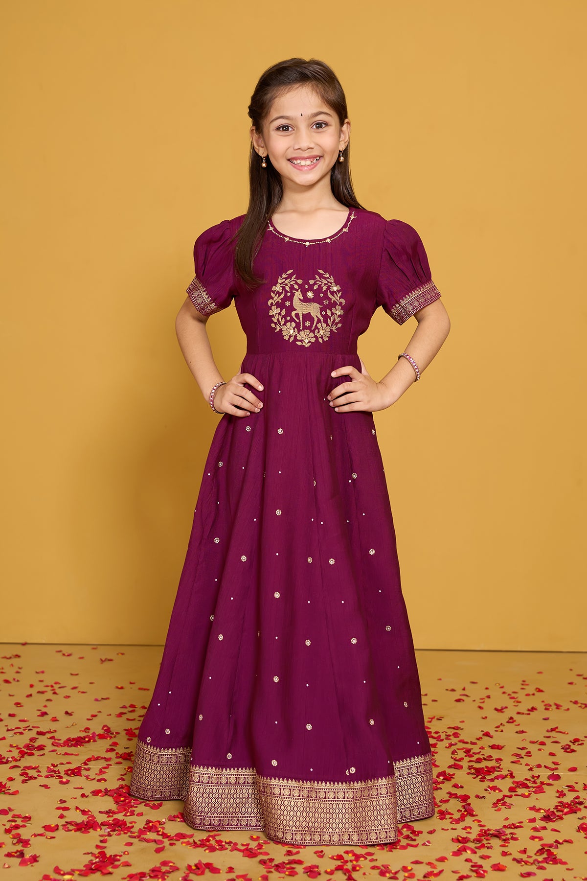 Floral Printed & Foil Mirror Embellished Kids Anarkali - Burgundy
