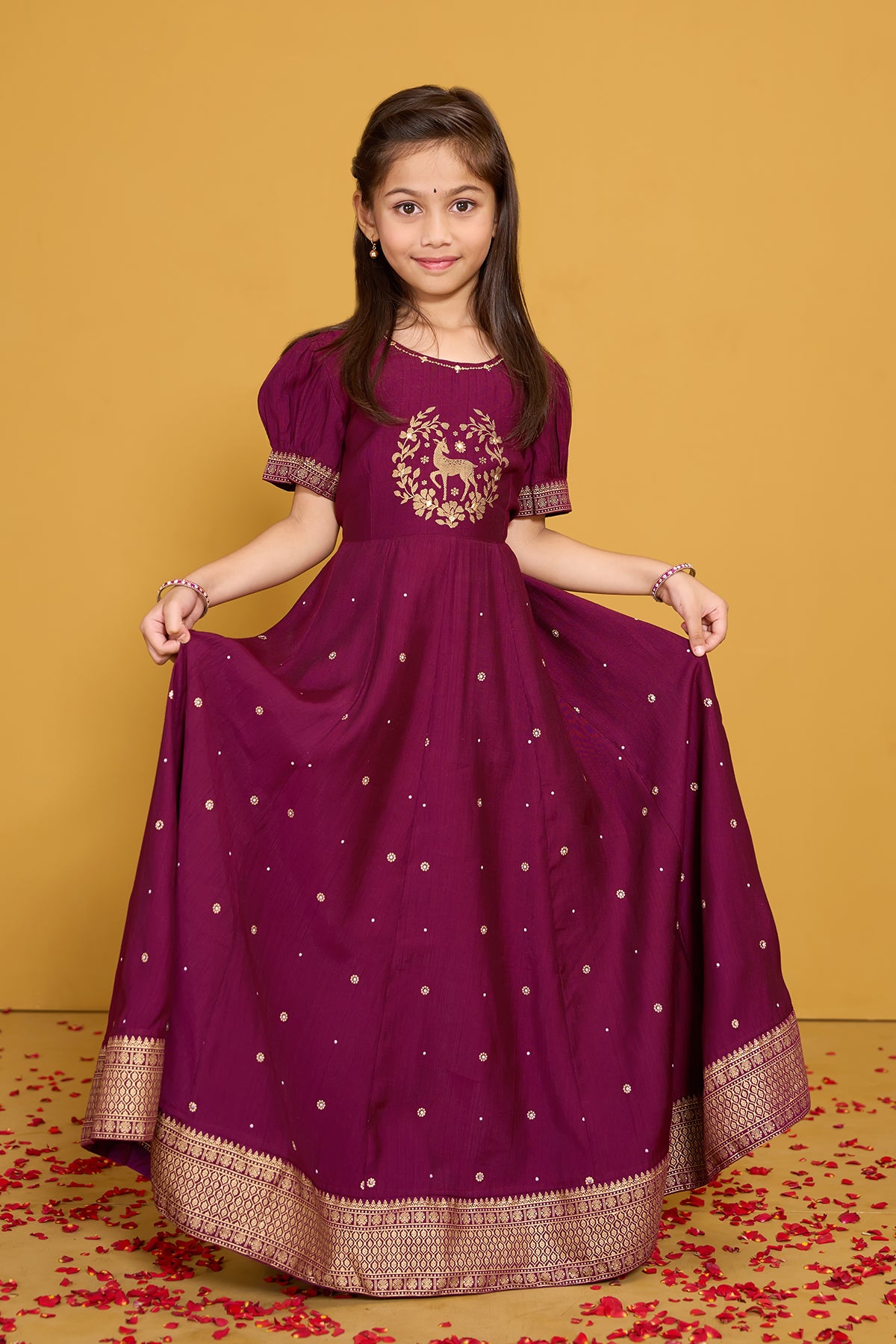 Floral Printed & Foil Mirror Embellished Kids Anarkali - Burgundy
