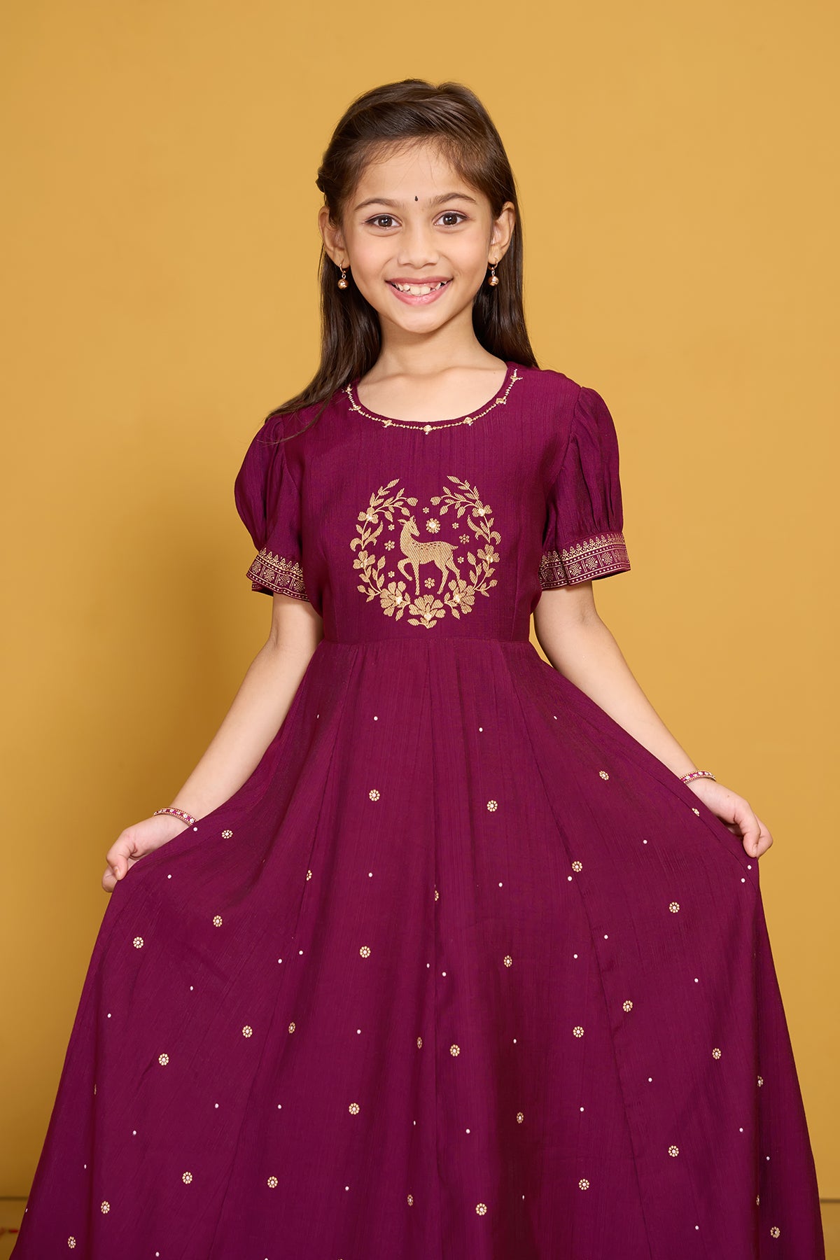 Floral Printed & Foil Mirror Embellished Kids Anarkali - Burgundy
