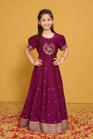 Floral Printed & Foil Mirror Embellished Kids Anarkali - Burgundy