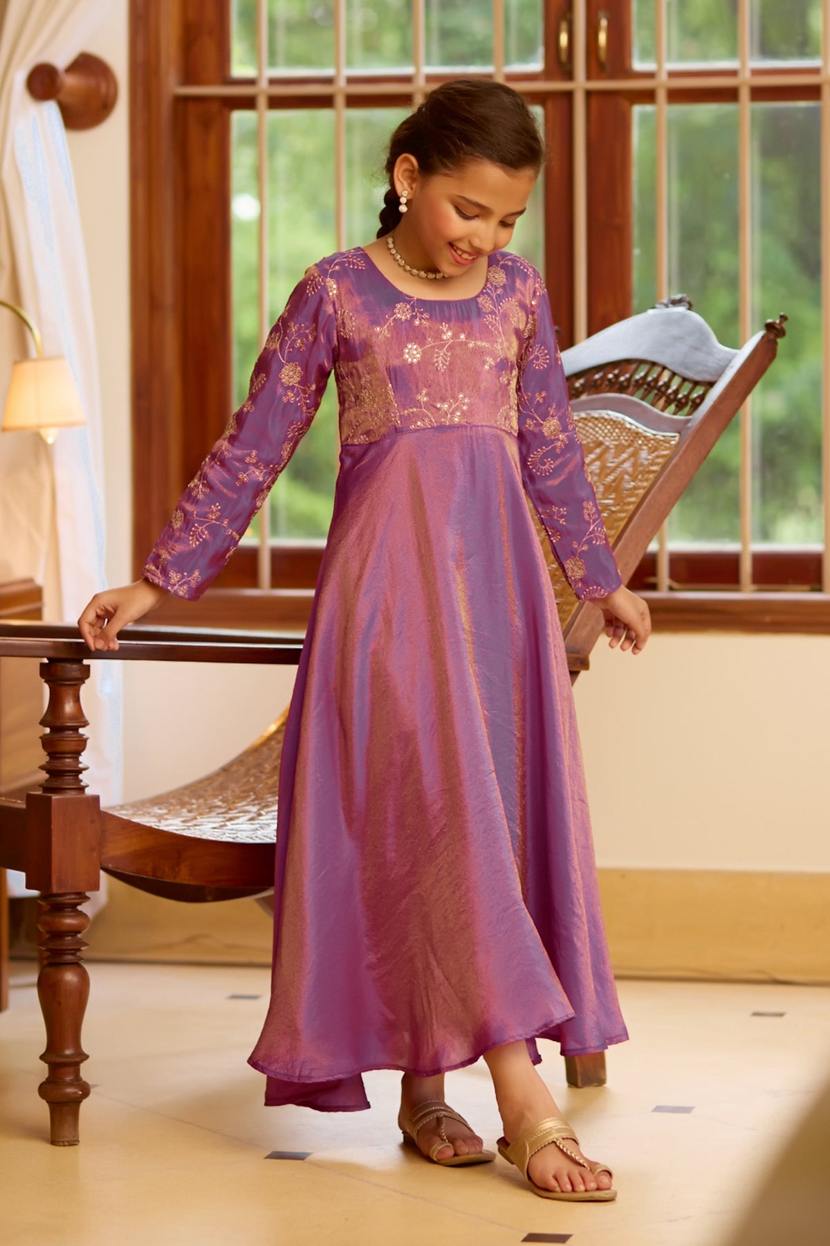 Sequence Embroidered Kids Anarkali - Purple