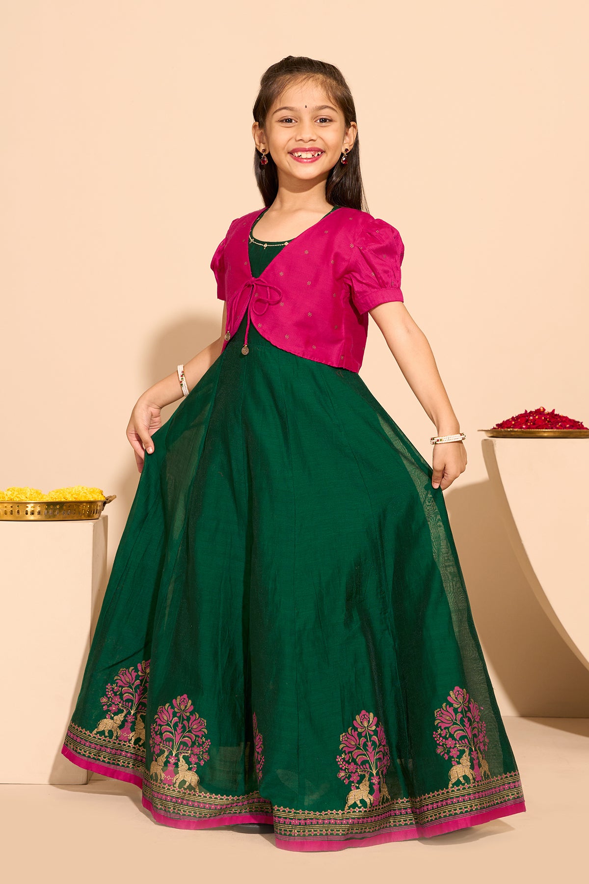 Floral Printed Kids Anarkali with Overcoat - Green & Pink
