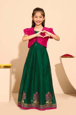 Floral Printed Kids Anarkali with Overcoat - Green & Pink
